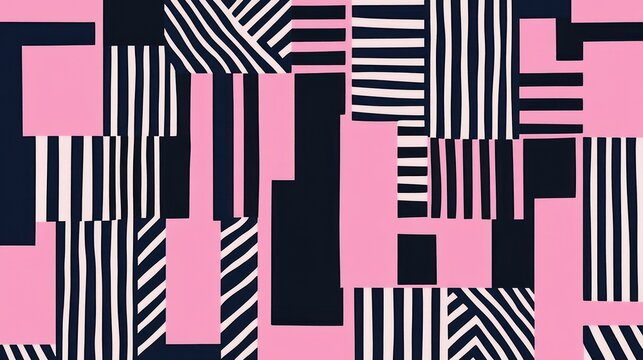 Abstract geometric pattern design with black and white stripes and shapes on a pink background.