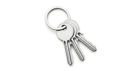 A set of three silver house keys attached to a silver keychain against a white background, representing security and access