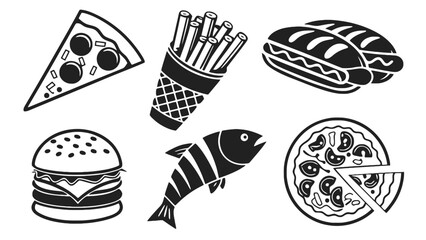 Variety of fast food icons in black and white