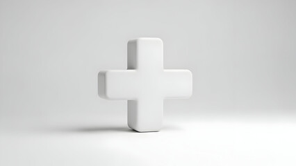 Minimalist 3D rendered white plus sign symbol with soft shadows on a clean studio background, representing concepts of addition, positivity, growth, and medical care in a modern conceptual design