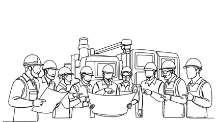 Engineers and workers planning construction project together