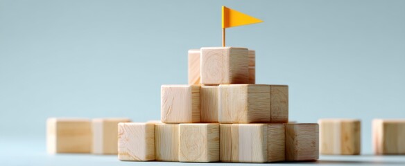 The wooden block pyramid with a yellow flag on top symbolizing achievement and teamwork