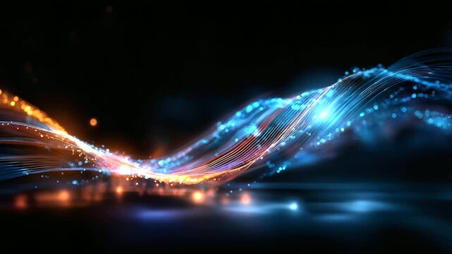 Abstract digital wave composed of glowing particles in vibrant blue and orange gradients, flowing data visualization, dynamic technology background, cyber aesthetic, particle anima