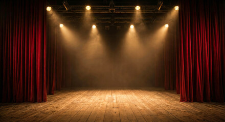 Dramatic Theater Stage with Red Curtains, Wooden Floor and Atmospheric Spotlight Lighting