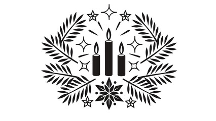 Festive Christmas candles in a holiday wreath with snowflakes and stars