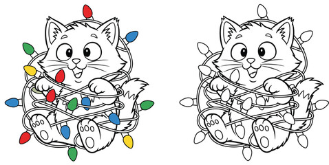Fototapeta premium A charming animated kitten entangled in Christmas lights A humorous vector drawing of a kitten isolated on a white background for a coloring book page