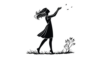 Woman releasing leaves in serene natural setting freely