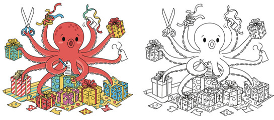 A humorous octopus with numerous arms wrapping Christmas presents A cute cartoon character with ribbons and scissors A black-and-white sketch and vector graphic for a coloring book page © AbuNazam