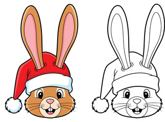 adorable Santa hat-wearing bunny head Isolated on a white backdrop this vector illustration of a humorous bunny character has a black and white outline for a coloring book page