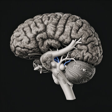 Sagittal cross section of human brain, showcasing cerebrum, cerebellum, and brainstem internal structures