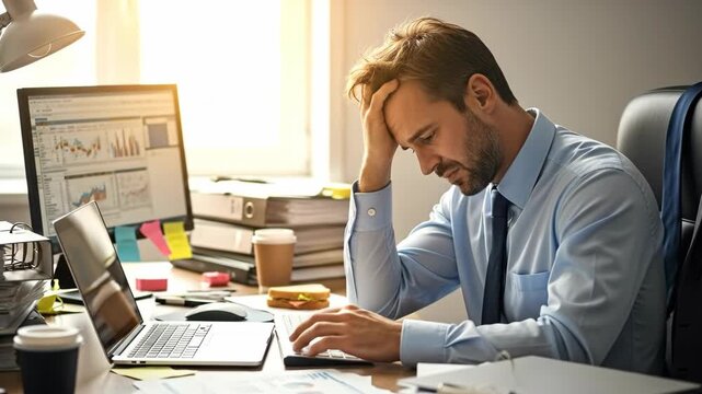 A stressed businessman sits at his desk, overwhelmed by paperwork and work demands, illustrating moments of workplace anxiety.