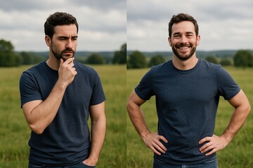 Dual portrait study of a modern professional man expressing contemplation and confidence in natural outdoor environment for branding photography purposes