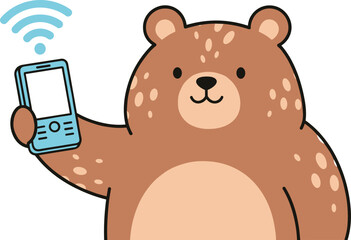Cartoon bear using smartphone, Wi-Fi signal icon, cute tech character, mobile connectivity theme, flat vector illustration, digital communication concept