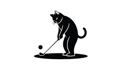 Black cat playing golf with focused stance
