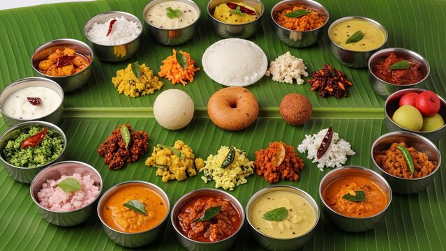 Professional Onam Sadya Food Photography with Multiple Dishes Arranged on Banana Leaf
