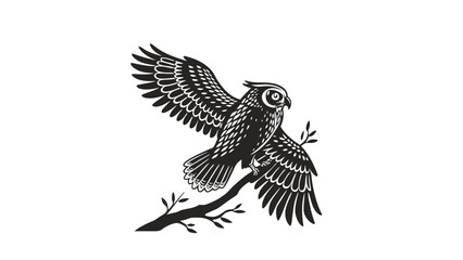 Majestic owl taking flight from tree branch in black silhouette