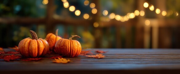 The Pumpkins on a Rustic Wooden Table with Autumn Leaves and String Lights