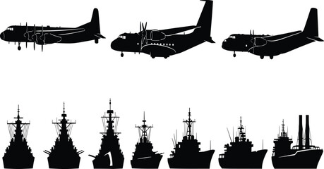 Military aircraft and naval warship silhouettes collection isolated on white background defense transportation illustration aviation navy combat design © Chopon