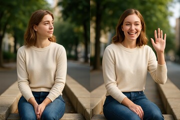 Approachable professional portrait series capturing warmth, confidence, and natural engagement in an urban outdoor setting through authentic, contemporary lifestyle photography