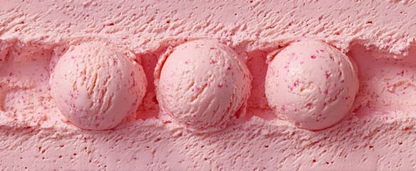 The Ice Cream Scoops on Pink Strawberry Texture Background Closeup