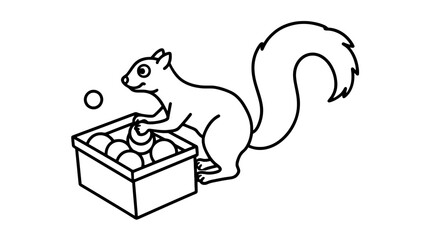 Cute squirrel collecting nuts in a box outdoors