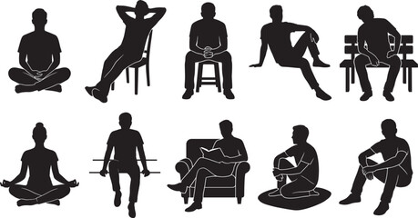 Silhouette sitting poses, human figure collection, seated posture illustration, body language reference, ergonomic study, meditation, reading, relaxing, thinking, casual sitting © Rihan Creatives