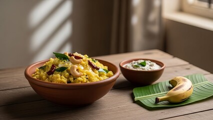 Nutritious Yellow Rice Dish with Banana and Chutney on a Rustic Table