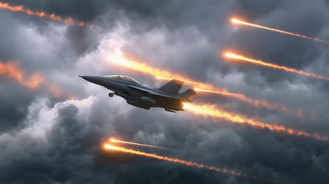 Military Fighter Jet Unleashing Flares During Intense Flight in Stormy Skies