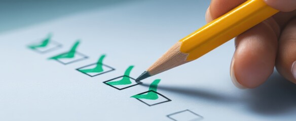 The Checklist Being Marked With A Yellow Pencil Indicating Completed Tasks And Progress