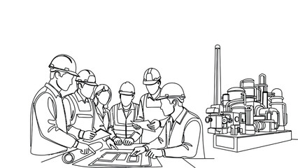 Engineers and technicians reviewing industrial plans together