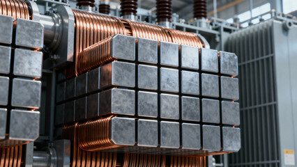 Close-Up View of Copper Wiring and Metal Blocks in Industrial Electrical Equipment