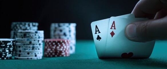 The Aces: Close-up of Two Playing Cards and Poker Chips on Green Felt