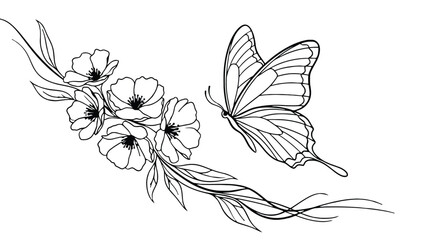 Elegant butterfly and flowers line art design
