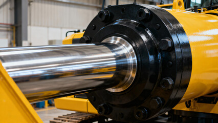 Close-up View of Hydraulic Cylinder in Industrial Workshop with Yellow Coating