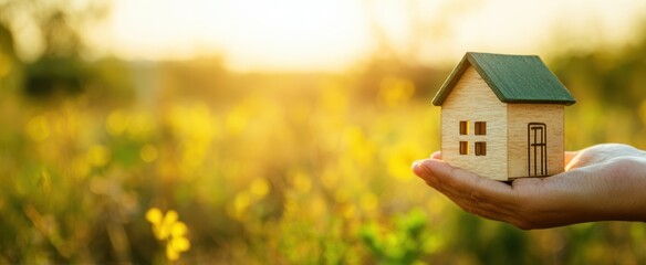 The wooden house model held in a hand over sunlit meadow symbolizing homeownership
