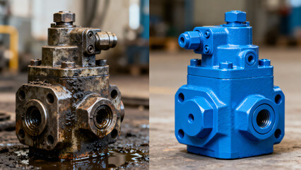 Comparison of Old and New Hydraulic Valve Showing Wear and Maintenance for Industry