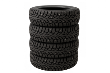 Stack of studded winter tires providing safety and grip for driving in snowy icy conditions, transparent background