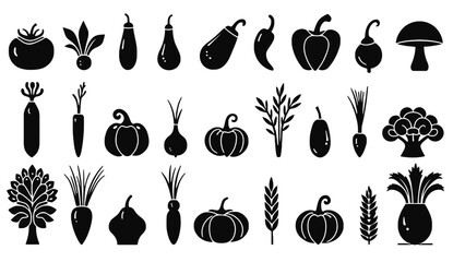 Variety of fresh vegetables and fruits in black silhouette
