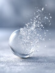 Shattering glass ball in midair with icy blue background