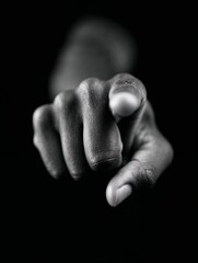Closeup of hand pointing forward in dramatic black and white lighting