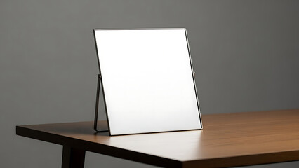 A minimalist rectangular desk mirror on a wooden table against a gray background