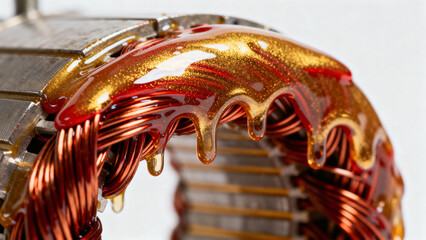 Close-up View of Colorful Liquid Dripping on Electrical Copper Coil in Engine Component