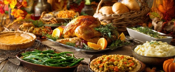 The Roast Turkey Feast Spread on a Rustic Table with Holiday Side Dishes