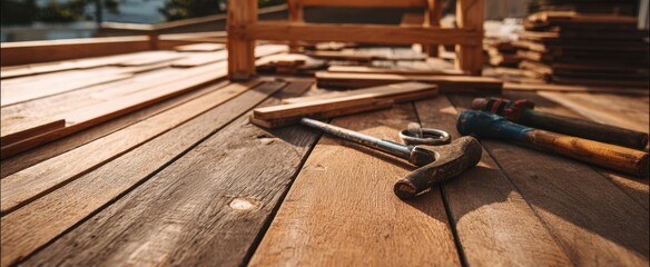 The Hammer and Hand Tools on Sunlit Wooden Deck During Construction Work