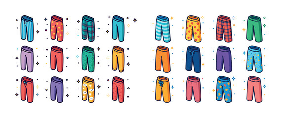 Collection of colorful patterned pants and shorts on white backg