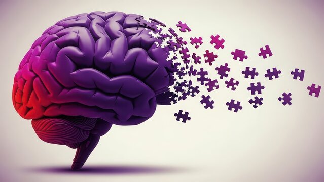 Vibrant brain with puzzle pieces exploding out, symbolizing creativity