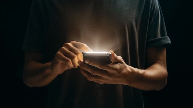 Human holding a smartphone at chest level, tapping the screen once as a soft glow appears, creating a clean, modern vertical visual ideal for app advertising and digital products.
