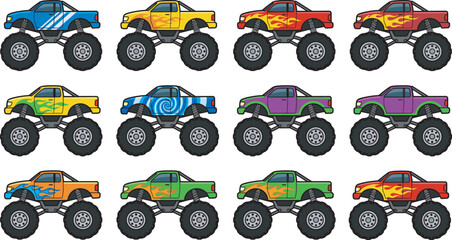 Cartoon monster truck set, colorful vehicle collection, flame designs, swirl patterns, off-road toy trucks, kids illustration, racing, automotive, playful graphic © Rahul Creatives