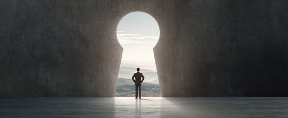 The Keyhole Opening Framing a Businessman Looking Toward a Bright Distant Horizon