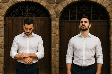Confident professional man in white shirt posing before historic wooden doors, conveying leadership, style, composure, and modern elegance aesthetic portrait
